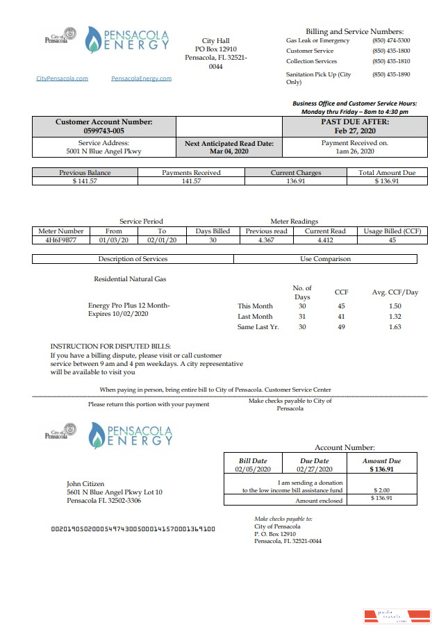 USA Florida Pensacola Energy utility bill template in Word and PDF format